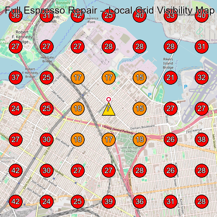 Full Espresso Repair GeoGrid visibility map for Appliance Repair Service in Queens